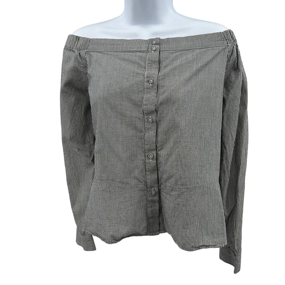 Naked Zebra Off Shoulder Blouse M Gray White Pinstripe Button Front Long Sleeves